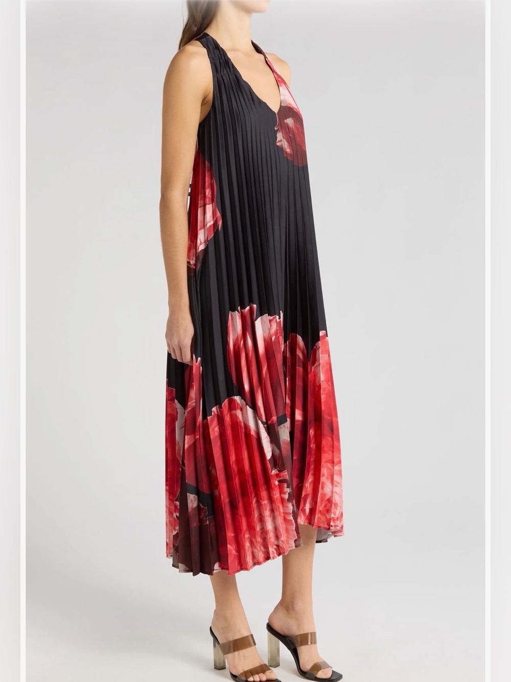Socialite Sunburst Pleat Racerback Maxi Dress Black Red Floral V-Neck • EST ~XS - Picture 5 of 16
